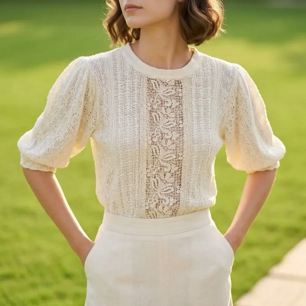 Zara Cream Pointelle Knit Crochet Puff Sleeve Crop Sweater Sz S Lace Cottagecore